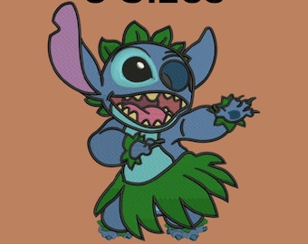 May include: Embroidered design of a blue cartoon character with large ears, wearing a green grass skirt and a leafy headdress. The text "5 Sizes" is above the character. Below the character are the letters "PES DST JEF PDF EXP CND".