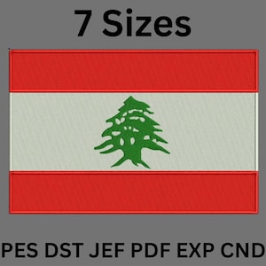 May include: Embroidered patch featuring the flag of Lebanon. The flag design includes horizontal red stripes at the top and bottom, a central white stripe, and a green cedar tree in the center. The text "7 Sizes" is at the top.