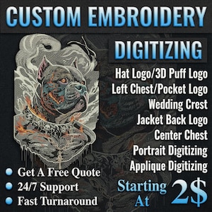 Puede incluir: Anuncio de servicios de digitalización de bordados personalizados. La imagen presenta una ilustración detallada de un perro con un collar de calaveras. El texto incluye "Bordado personalizado", "Digitalización" y opciones de servicio como "Logotipo de sombrero" y "Escudo de boda".