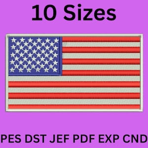 May include: Embroidered patch featuring the American flag with red and white stripes and a blue field of white stars. The text "10 Sizes" is above the flag. The patch is rectangular with a white border. The bottom of the image shows file formats.
