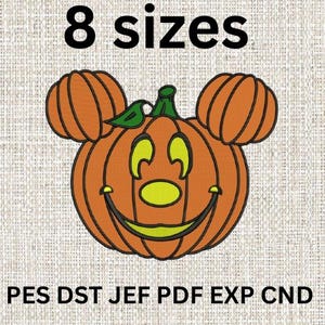 May include: Orange pumpkin design with Mickey Mouse ears, a smiling face, and green leaves. The text "8 sizes" is above the pumpkin, and below it are the file formats: PES, DST, JEF, PDF, EXP, and CND.