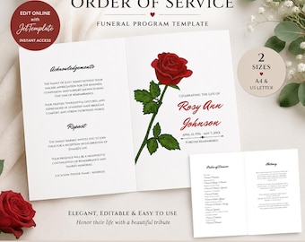 Editable Red Rose Order Of Service Funeral Program Template