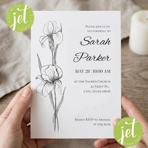 May include: A white invitation card with a black and white floral illustration of irises. The text on the card reads "Please join us to say farewell to Sarah Parker" with the date, time, and location. The card also includes RSVP information.