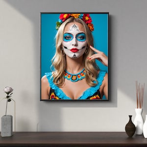 Wall Art – Colorful AI Muertos Parade Girl - Digital Download – Dia de los Muertos Lingerie Poster Print- 4K PNG Wall Decoration