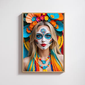 Wall Art – Colorful AI Muertos Parade Girl - Digital Download – Dia de los Muertos Lingerie Poster Print- 4K PNG Wall Decoration
