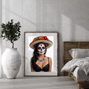 Wall Art – Colorful AI Muertos Parade Girl - Digital Download – Dia de los Muertos Lingerie Poster Print- 4K PNG Wall Decoration