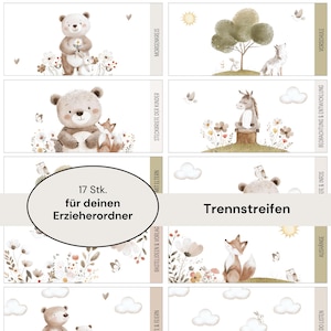 Può includere: Un set di schede divisorie illustrate con immagini ad acquerello di animali del bosco ed elementi floreali. Le schede includono testo in tedesco, come "Morgenkreis" e "Vorschule", per un raccoglitore didattico.