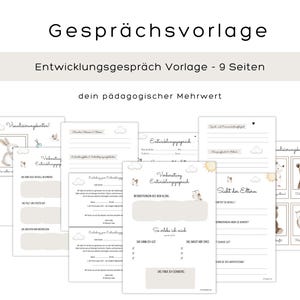 May include: A set of nine-page development discussion templates. The pages are white with soft illustrations of animals and clouds. The text is in German, with the title "Gesprächsvorlage" at the top.