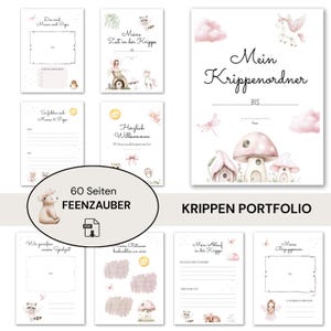 May include: A collection of illustrated pages with whimsical designs, including a unicorn, clouds, and mushrooms. The pages feature German text and are part of a "Krippen Portfolio" with the text "60 Seiten Feenzauber."