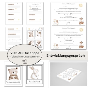 Puede incluir: Un conjunto de artículos de papelería imprimibles, que incluyen plantillas de invitación y tarjetas de ayuda visual. Los diseños presentan ilustraciones de acuarela de animales, flores y soles. El texto incluye las palabras "VORLAGE für Krippe" y "Entwicklungsgespräch".