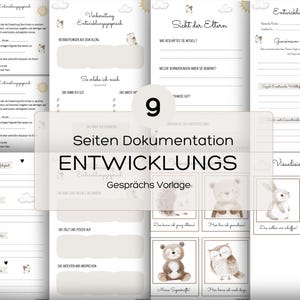 Puede incluir: Un conjunto de plantillas de documentación de nueve páginas con el título "Seiten Dokumentation ENTWICKLUNGS Gesprächs Vorlage". Las páginas presentan texto e ilustraciones de un oso, un búho y un conejo. Las páginas son de color beige claro con un estilo acuarela suave.