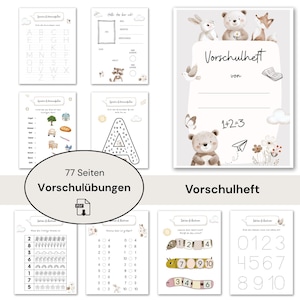 May include: A collection of educational worksheets for preschool children. The pages feature handwriting practice, counting exercises, and a cover page with the text "Vorschulheft" and illustrations of animals. The set includes 77 pages.