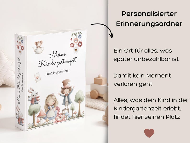 May include: A white personalized memory binder with the title "Meine Kindergartenzeit" and the name "Jana Mustermann" in script. The cover features whimsical illustrations of storybook characters and flowers. The binder's spine also has the title.