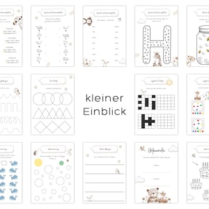May include: A collection of printable educational worksheets for children. The pages feature various activities, including matching, tracing, and coloring exercises. The designs incorporate cute animal illustrations and simple shapes, all printed on white paper.