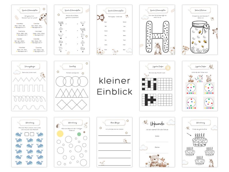 May include: A collection of printable educational worksheets for children. The pages feature various activities, including matching, tracing, and coloring exercises. The designs incorporate cute animal illustrations and simple shapes, all printed on white paper.