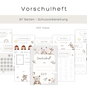 Könnte beinhalten: Eine Sammlung von ausdruckbaren Vorschulheften mit dem Titel "Vorschulheft" und dem Text "87 Seiten - Schulvorbereitung". Die Seiten enthalten verschiedene Lernaktivitäten, darunter das Nachzeichnen von Buchstaben, Labyrinthe und Zählübungen. Das Design beinhaltet Illustrationen von Tieren und Blumen.