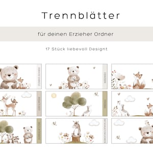 Pode incluir: Um conjunto de 9 cartões divisores ilustrados com desenhos de animais da floresta, incluindo ursos e raposas. Os cartões têm texto em alemão, incluindo "Trennblätter" e "für deinen Erzieher Ordner".