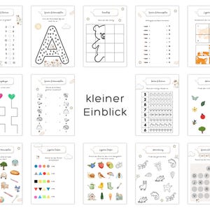 May include: A collection of educational worksheets for children. The pages feature various activities, including matching, counting, and letter recognition exercises. The worksheets are designed with colorful illustrations and simple instructions, suitable for early learning.