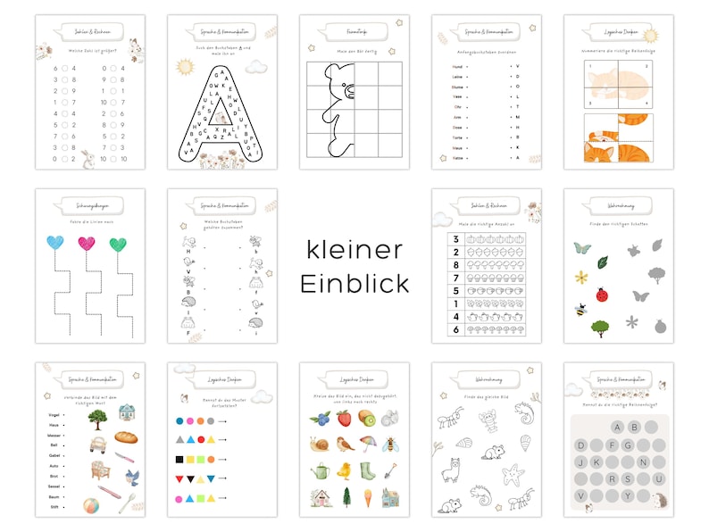 May include: A collection of educational worksheets for children. The pages feature various activities, including matching, counting, and letter recognition exercises. The worksheets are designed with colorful illustrations and simple instructions, suitable for early learning.