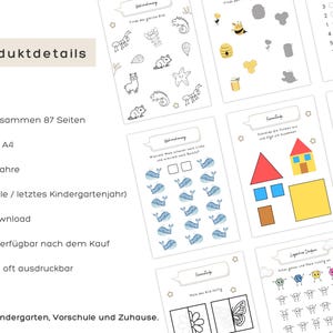 May include: A collection of educational worksheets for children, featuring various activities such as matching, counting, and coloring. The pages are filled with colorful illustrations of animals, shapes, and objects, designed for preschool and kindergarten-aged children.