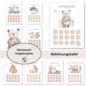 Könnte beinhalten: Eine Sammlung von Montessori-Belohnungstafeln mit Tierillustrationen. Jede Tafel zeigt ein Raster aus rosa Kreisen und den Text "ICH SCHAFFE DAS!". Der Text "Belohnungstafel" ist ebenfalls sichtbar.