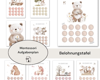 May include: A collection of Montessori reward charts featuring watercolor illustrations of animals like bears, foxes, and unicorns. Each chart has a grid of pink circles and the text "ICH SCHAFFE DAS!"