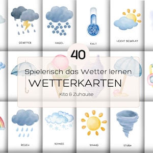 May include: A set of 16 illustrated weather flashcards. Each card features a watercolor image of a weather condition, such as clouds, rain, and sun. The cards have German text, including "Spielerisch das Wetter lernen WETTERKARTEN".