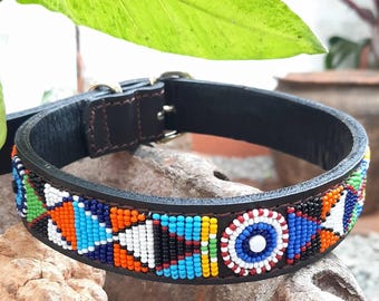 May include: Black leather dog collar with a vibrant beaded design. The collar features a pattern of white, blue, orange, green, and black beads. It has a brass buckle and a brown leather backing.