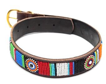 Handmade Maasai Beaded Leather Dog Collar- Pet Gift, Personalized Dog Collar, African Dog Collar, Custom Dog Collar with ID Tag