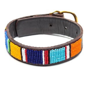 Può includere: Un collare per cani in pelle marrone con un design di perline colorate. Il collare presenta una serie di strisce verticali in blu, verde, giallo, bianco, rosso e arancione. Ha una fibbia in metallo dorato.