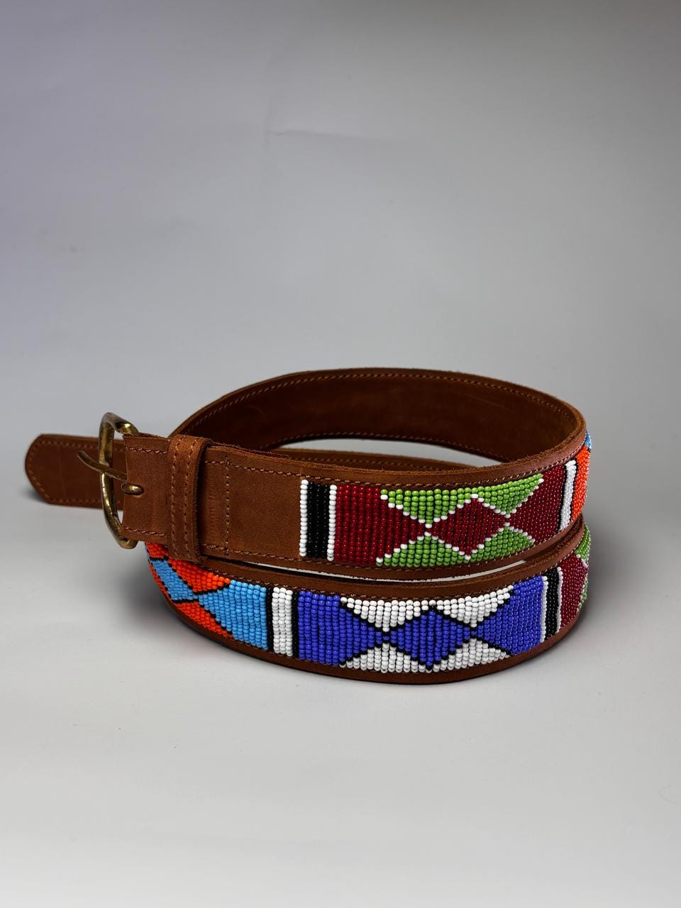 Women\'s brown leather belt features intricate Kenyan-inspired beadwork Have you seen our hand-beaded Kenyan belt collection  main image 3