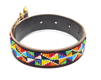 Handmade Maasai Beaded Leather Dog Collar- Pet Gift, Personalized Dog Collar, African Dog Collar, Custom Dog Collar with ID Tag