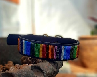 RAINBOW Handmade Maasai Beaded Leather Dog Collar- Pet Gift, Personalized Dog Collar, African Dog Collar, Custom Dog Collar with ID Tag