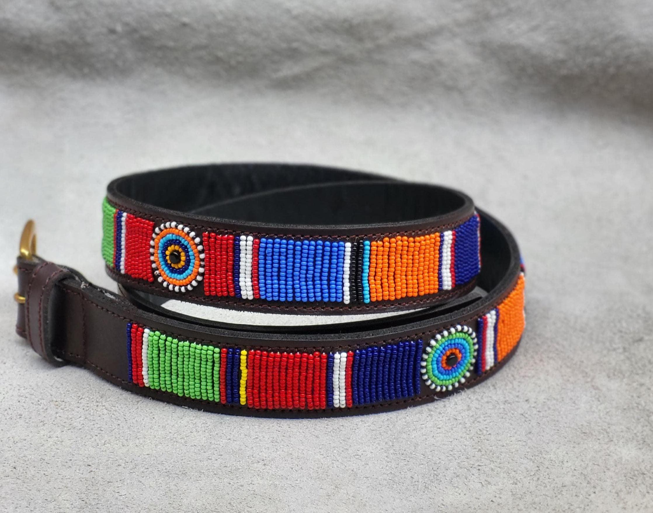 UNISEX BoHo Hand Beaded Maasai Leather Belt with Silver Tone Buckle 34-40 36 main image 4