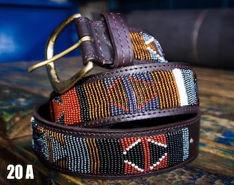 Leren riem met masaikralen – handgemaakte Afrikaanse riem voor dames en heren, boho-tribale stijl, etnische mode, cadeau-idee Maasai, Maasai-riem