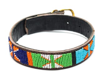 Handmade Maasai Beaded Leather Dog Collar- Pet Gift, Personalized Dog Collar, African Dog Collar, Custom Dog Collar with ID Tag
