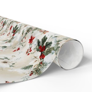 Holiday Wrapping Papers, Christmas Gift Wrap, Vintage Cream Design with Poinsettias, Holly & Red Berries