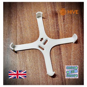 May include: A white, four-pronged device with curved edges and a central opening, set against a wood-grain background. The word "HIVE" is displayed in orange. The image also includes the text "Control Alt Repeat" and a British flag.