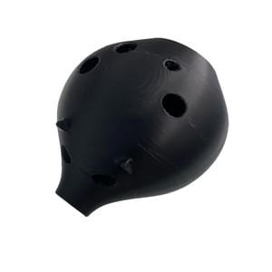 May include: A black ocarina, a wind instrument, is shown against a white background. The ocarina has a rounded shape with several finger holes and a mouthpiece. It has a matte finish and a smooth texture.