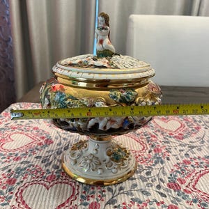 Signed VINTAGE ITALY CAPODIMONTE Cherubs with Lid Porcelain Centerpiece 1366/121