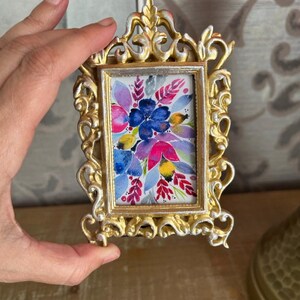 Mini Framed Watercolor Print – Gold Frame, Tiny Art, Cottagecore Decor, Botanical Floral Gift, Vintage Miniature Art, Farmhouse Home Decor