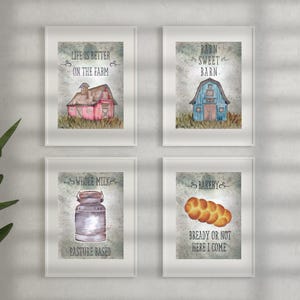 Farmhouse Kitchen Art Prints: Rustic Barn & Bakery Decor, Set of 4
