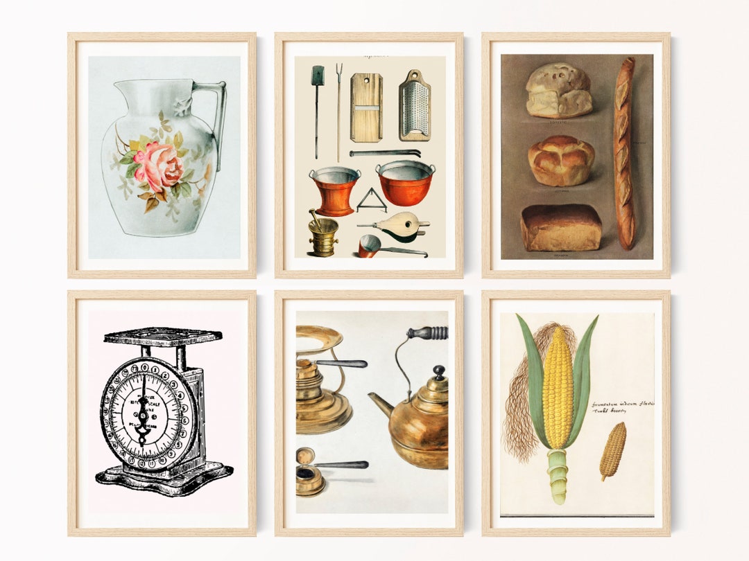 Printable Vintage Kitchen Wall Art Set Retro Food & Cutlery Digital