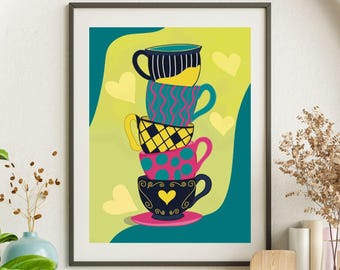 Stacked Teacups Art Print: Whimsical Kitchen Decor, Tea Lover Gift