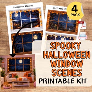 May include: A 4-pack printable kit of Halloween window scenes featuring digital illustrations of night landscapes with full moons, trees, and string lights. The kit includes PDF files for printing, showcasing various spooky views of houses and forests.