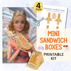 May include: A doll holding a miniature sandwich box labeled "Fresh Deli" with "Smoked Ham" and "Tuna & Sweet Corn" options. The image includes a "4 Pack" sticker, scissors, and a printable kit for miniature sandwich boxes.