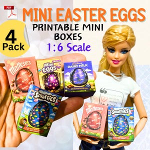 May include: Miniature Easter egg boxes, including Maltesers, Mini Eggs, Cadbury Dairy Milk, and Smarties, are displayed. The boxes are 1:6 scale and feature colorful designs. The image includes the text "MINI EASTER EGGS PRINTABLE MINI BOXES 1:6 Scale" and "4 Pack".