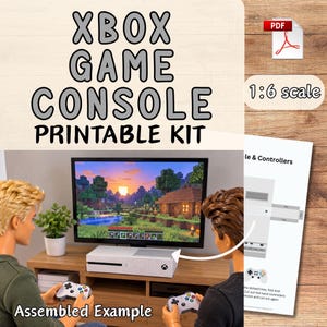 Op de afbeelding: Een printbare kit op schaal 1:6 voor een Xbox-spelcomputer, met een PDF-bestandspictogram en een blad met montage-instructies. Het geassembleerde voorbeeld toont een witte console en twee controllers voor een televisiescherm.
