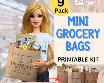 MINI GROCERY Paper BAGS for Dolls – 1:6 Scale Printable Dollhouse Prop. Shopping Shop Diorama Scene Diy Kit Miniature Accessory. Barbie Doll