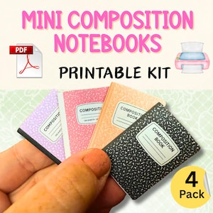 May include: A 4-pack of mini composition notebooks in various colors, including lavender, pink, peach, and black. The notebooks are labeled "Composition Book" and are part of a printable kit. The image also includes the text "Mini Composition Notebooks Printable Kit".